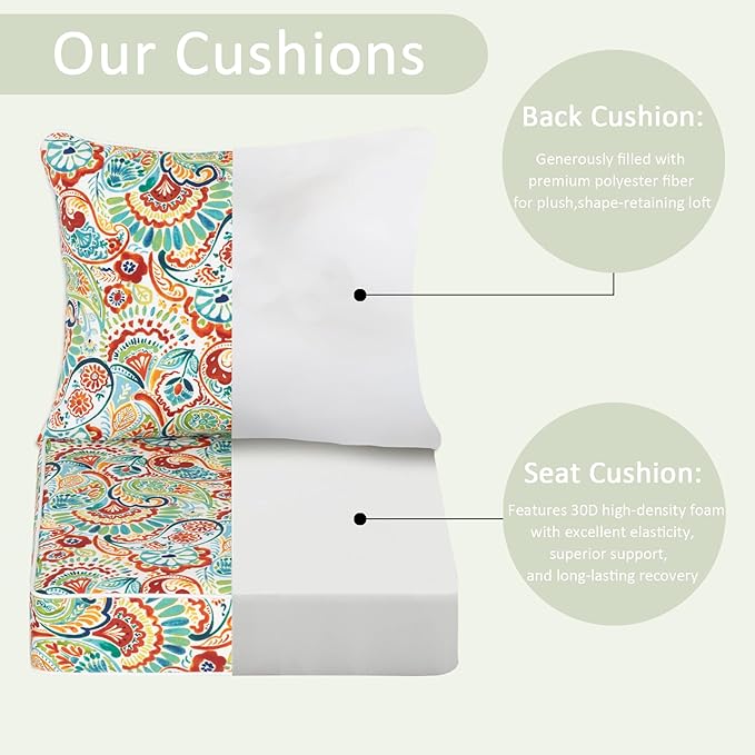 COZYVIDA Outdoor Deep Seat Cushion Set of 2, 22"x24" Seat & 23"x19" Back,Water-Resistant Breathable Fabric, UV-Resistant 1000+ Hrs, 30D Foam with Recycled Fiber Fill and YKK Zippers,Boho Paisley