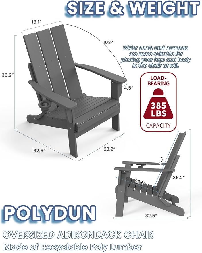Adirondack Chair with Cup Holder Set of 2, Folding Outdoor Lawn Chair, HDPE Plastic Fire Pit Chair, Weather Resistant Patio Chairs for Deck, Porch, Backyard, Garden, Slate Gray