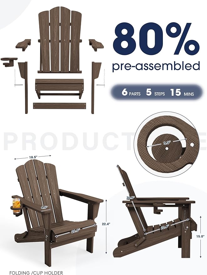 KINGYES Folding Adirondack Chair, HDPE All-Weather Patio Chairs with Cup Holder, Wooden Textured Fire Pit Chairs for Poolside, Backyard, Deck, Coffee