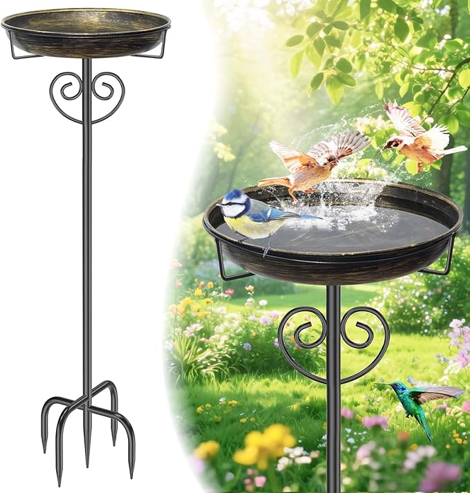 Metal Bird Bath for Outdoor, Garden Freestanding Birdbaths & Birdfeeders with Removable Bird Baths Feeder Bowl Heavy Duty 5 Prong Base for Outside Garden Patio Yard Lawn Decor (Vintage Gold)