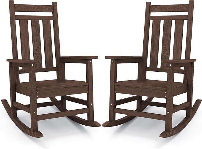 KINGYES Outdoor Rocking Chair Set of 2, All-Weather Patio Rocking Chairs for Porch, HDPE Rocking Outdoor Chairs with High Back for Adult, Heavy Duty Outdoor Patio Rockers for Garden, Lawn, Coffee