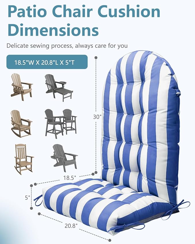Adirondack Chair Cushion Set of 4, Thickened Patio Chair Cushions with Ties, Waterproof and UV-Protected Rocking Chair Cushion for Indoor and Outdoor, Stripe Navy Blue.