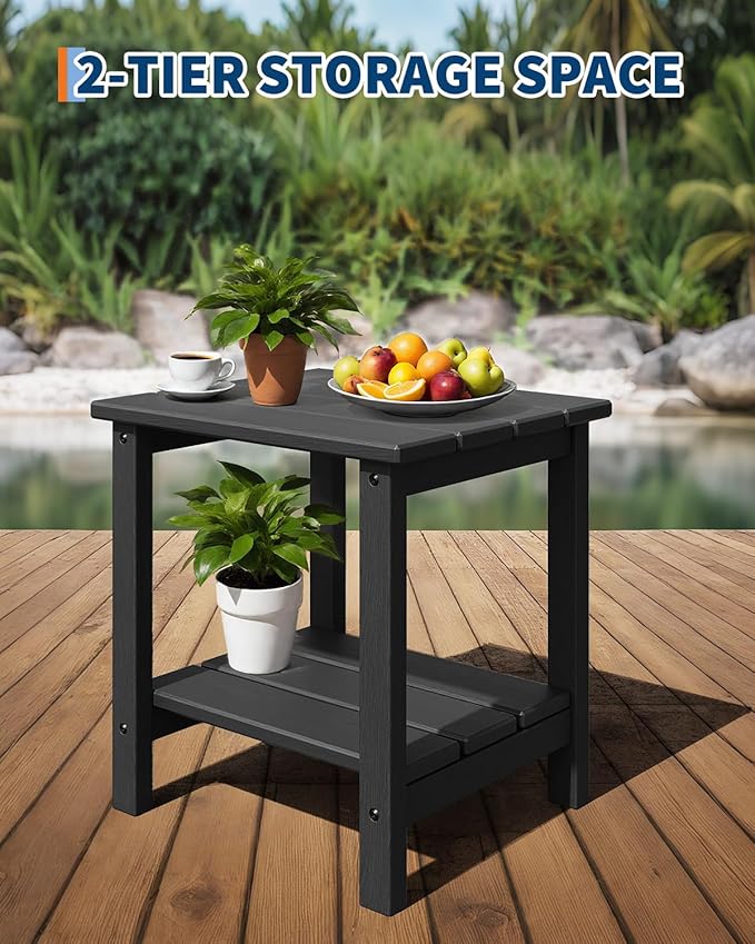 GarveeLife Folding Adirondack Chairs Set of 4 with 2 Side Table, HDPE Plastic Outdoor Chairs with Wood Texture - 380 LBS & Weather Resistant for Fire Pit, Deck, Patio, Pool, Backyard - Black