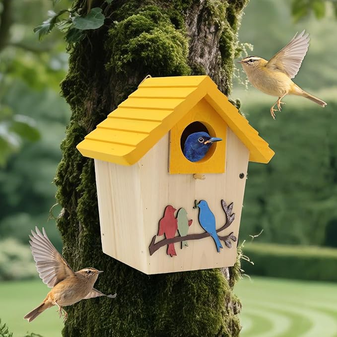 Wooden Bird Houses Bird House for Outside,Yellow Wood Bird House for Outdoors, 1.5" Entrance Hole Bird Houses for Garden Blue Bird Hummingbird Wren Cardinal Swallow Sparrow Finch