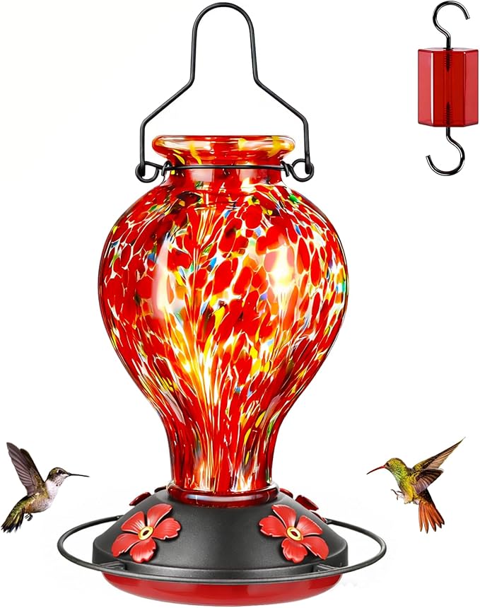 Hand Blown Glass Hummingbird Feeders for Outdoors Hanging, 24oz Wild Bird Nectar Feeder with Ant Moat and Perch, Bee-Resistant Ports, Garden Decor, Gifts for Women Mom, 1 Pack, Red Polka Dots