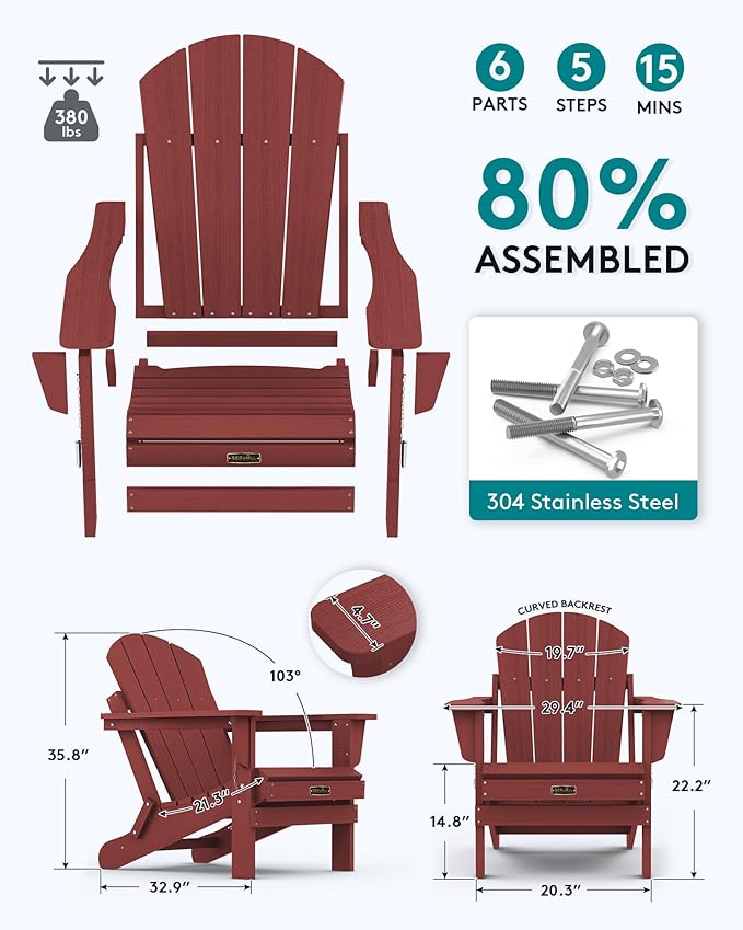 SERWALL Folding Adirondack Chair Outdoor Adirondack Chairs Weather Resistant Fire Pit Chairs for Patio - Red