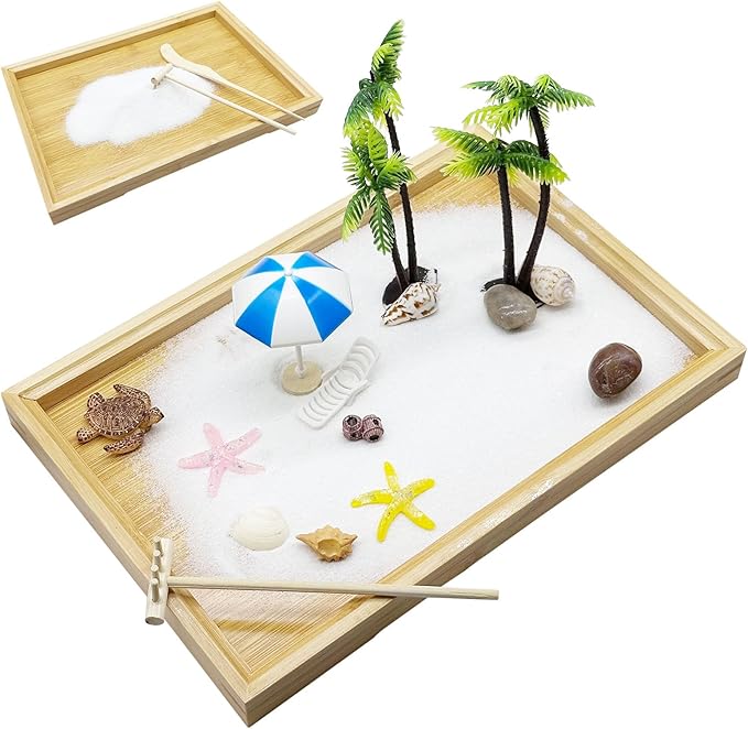 Woohome Mini Zen Garden Kit, Mini Zen Sand Garden Kit, Ocean Beach Sandbox Decorations Zen Decor Kit with White Sand, Mini Boats, Shells, Rocks for Home Office Desktop Decor