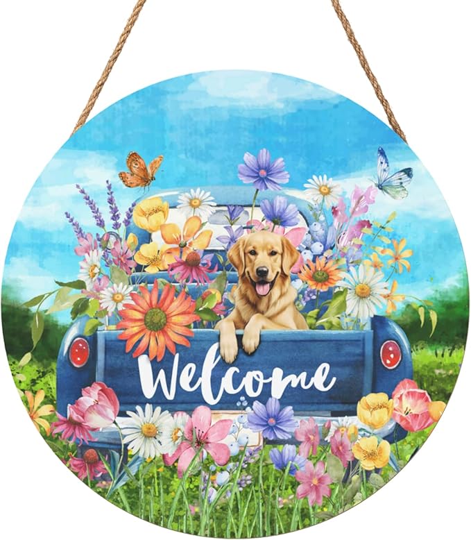 Spring Welcome Door Sign Flower Truck with Retriever Dog Door Hanger Summer Floral Butterfly Decorative Hanging Porch Signs for Wall Outdoor