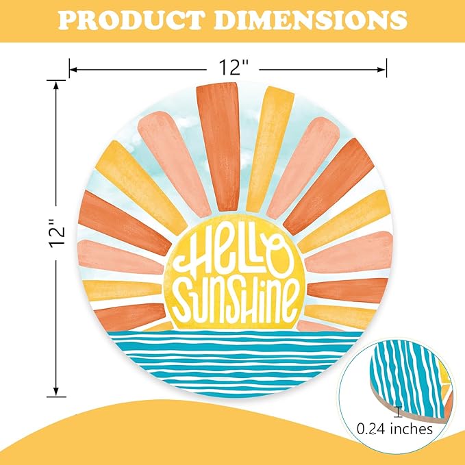 Hello Sunshine Sun Summer Front Door Sign, Spring Boho Sunset Over The Sea Wood Door Hanger Outdoor Outside Porch Decor, Bohemian Ocean Wooden Wreath Indoor Wall Hanging Decoration