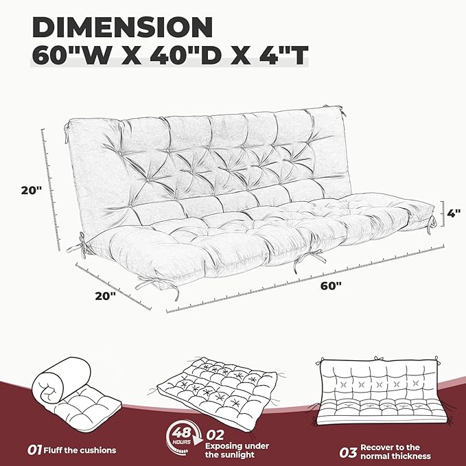 Porch Swing Cushions, Waterproof Swing Cushions Replacement with Backrest, Outdoor Swing Bench Cushions 2-3 Seater Replacement for Patio Furniture 60x40 (Red)