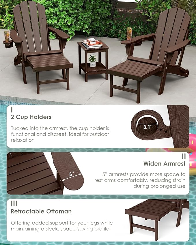 GREENVINES Adjustable Adirondack Chair with Retractable Ottoman Set of 2 | Folding | 2 Cup Holders | Wood Grain HDPE Plastic | Fire Pit Chairs w/Foot Rest | Dark Brown | for Outdoor Patio Poolside