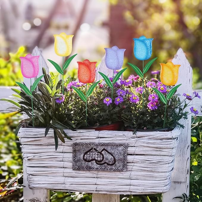 hogardeck Garden Decor for Outside, Set of 6 Metal Tulip Flowers Decorative Garden Stakes for Yard Decor, Outdoor Decorations Yard Art for Lawn Front Porch Pathway Patio (Multi-Color)