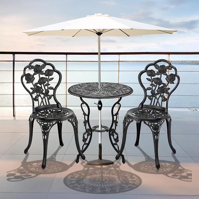 VINGLI 3 PCS Outdoor Bistro Set, Outdoor Patio Set, All-Weather Cast Aluminum Bistro Table Set, Bistro Table and Chairs Set of 2 for Backyard, Garden, Balcony (Black, Rose)
