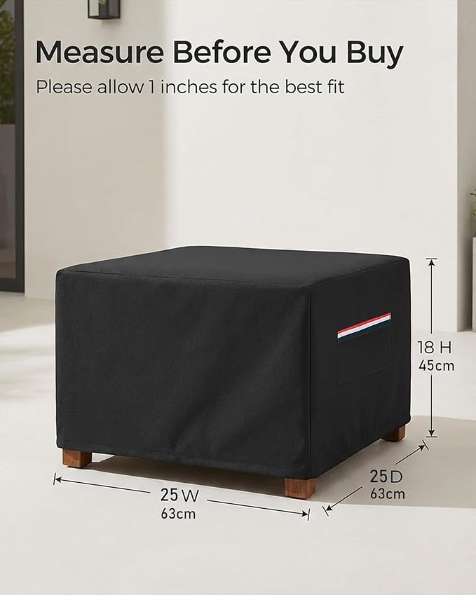 Square Waterproof Patio Ottoman Cover, 600D Heavy Duty Outdoor Furniture Cover with Windproof Buckles Air Vents, All-Weather Protector for Patio Ottoman or Outdoor Side Table 25 x 25 x 18 Inch, Black