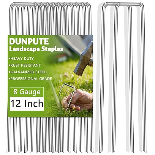 Heavy Duty 12 Inch Galvanized Landscape Staples Stakes, DUNPUTE 50 Pack 8 Gauge Garden Metal Stakes, Ideal for Weed Barrier Stakes, Drip Irrigation Tubing, Landscape Fabric, Lawn and Ground Securing