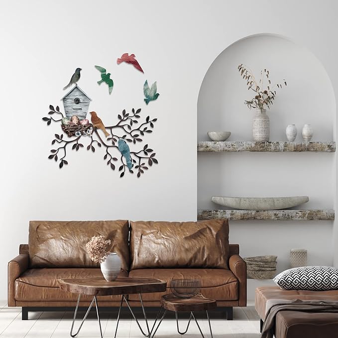 Tatuo Metal Bird Wall Art Birds on The Branch Wall Decor Hanging Metal Tree with Birdhouse for Living Room Tree Leaf Decor for Indoor Outdoor Garden Bedroom Office Home Housewarming Party