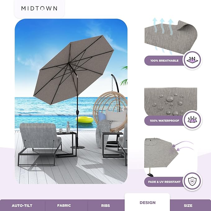 Midtown Umbrellas - 10-Year-No-Fade 6 Ft Patio Umbrella with Terylast Fabric, Auto-Tilt Aluminum Frame and 8 Reinforced Ribs for Deck, Pool, Garden & Beach - Greige Canopy, Black Pole