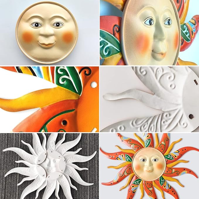 Metal Sun Wall Art Decor,17.3Inches Sun Face Garden Sculptures Statues Wall Art Decorations for Indoor and Outdoor, Room Garden Porch Fence Balcony Patio Decor