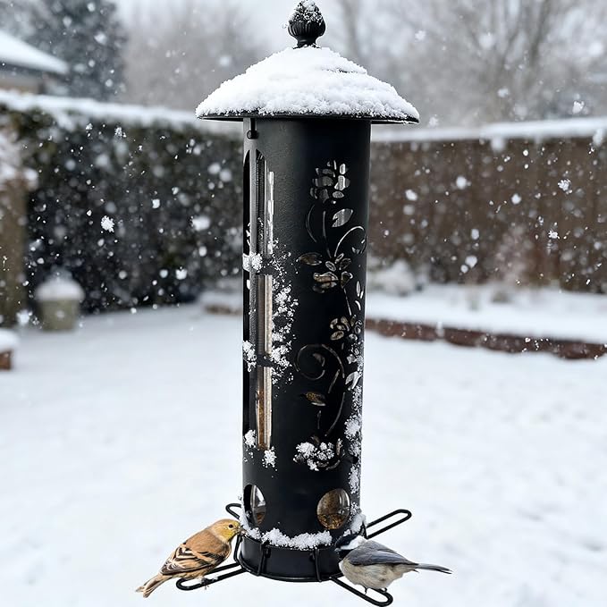 Veehoo Squirrel Proof Bird Feeder for Outdoors, Hanging Wild Bird Feeder Anti Squirrel with Weight-Activated Perches, Metal Cardinal Finch Feeder Outside Decorative for Thistle and Mixed Seed, Black