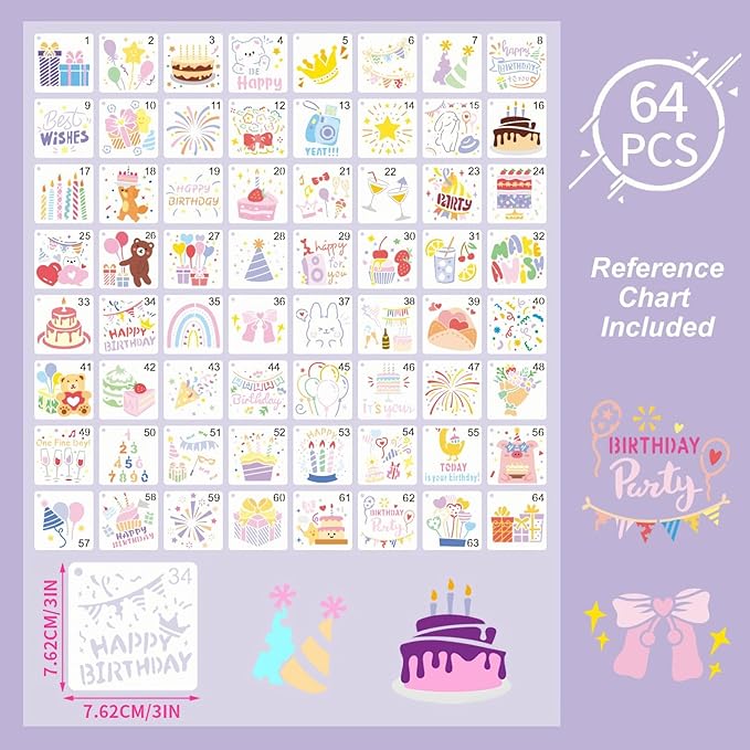 Birthday Stencils for Painting, 64PCS 3x3 Plastic Stencils for Crafts Reusable with Cake & Bear Patterns, Perfect for DIY Cards, Gifts & Party Decorations