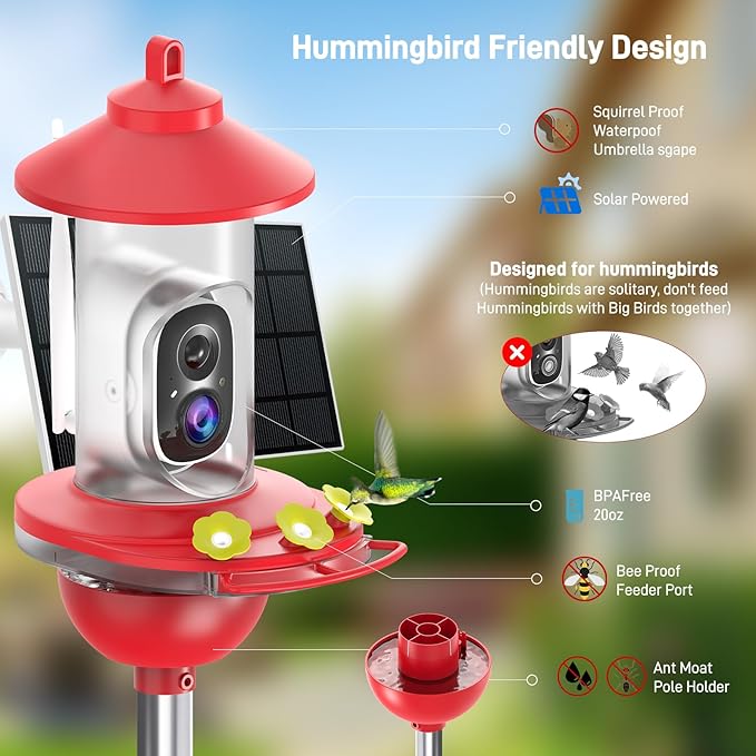 SOLIOM Hummingbird Feeder with Camera Solar Power, 2K Smart Hummingbird Feeder Camera Solar Powered with AI Identify, Ant Moat Pole Holder, Auto Detect, Ideal Gift for Hummingbird Lover (20 oz)
