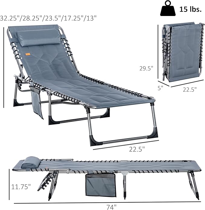 Outsunny Padded Folding Chaise Lounge Chair, Outdoor 6-Level Reclining Camping Tanning Chair with Headrest for Beach, Yard, Patio, Pool, Gray