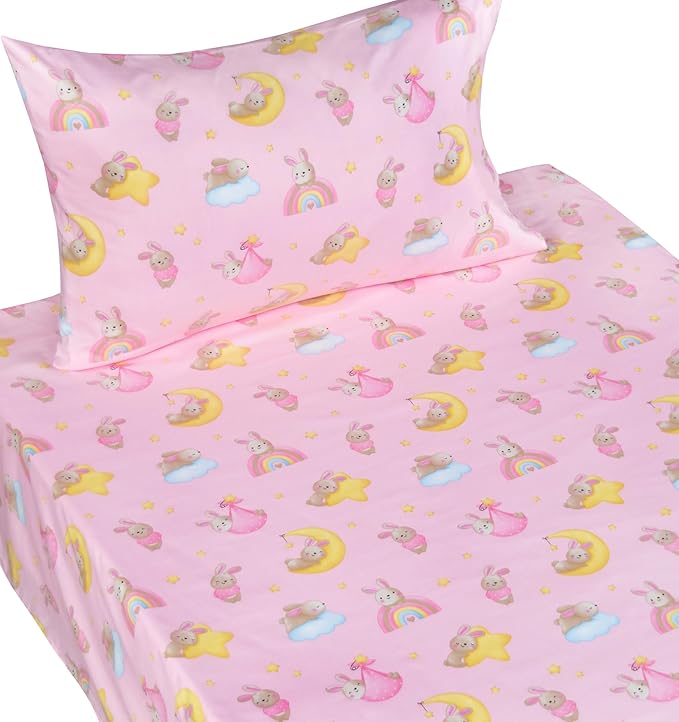 Scientific Sleep Pink Bunny Moon Star Cute Fun 100% Cotton Cozy Twin Bed Sheet Set, Flat Sheet & Fitted Sheet & Pillowcase Natural Bedding Set