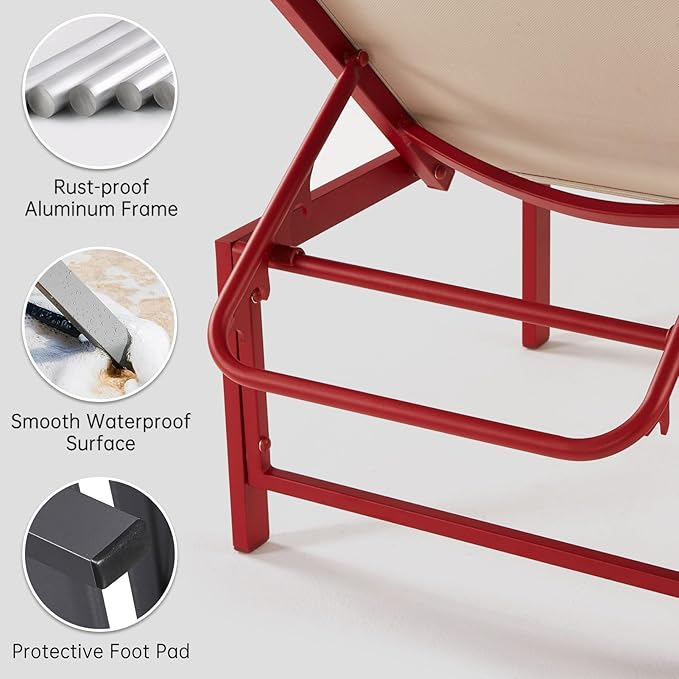 Outdoor Pool Lounge Chairs, 2 pcs Patio Aluminum Chaise Lounge, Five-Position Recliner Loungers for Poolside Yard Balcony Deck Beach (Red)