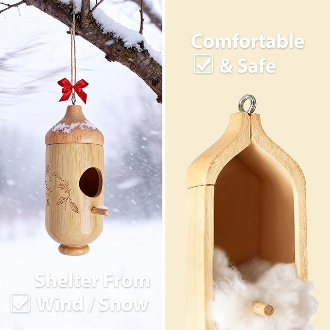 Hummingbird House, Wooden Hummingbird Houses for Outside Hanging, Nest Swinging, Wooden Bird Houses with Cotton, Bow, String, Gardening Gifts Decoration (1 Pack)