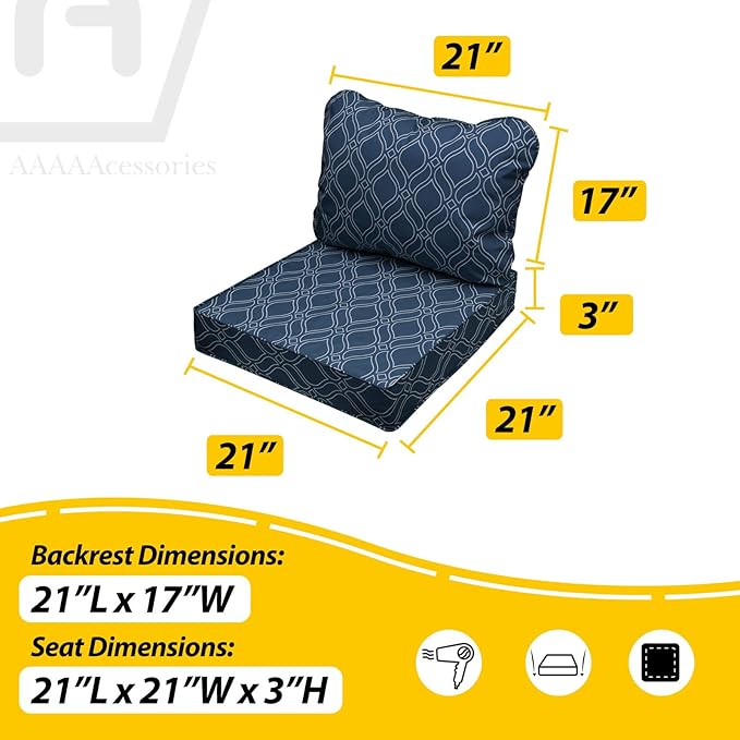 AAAAAcessories Outdoor Seat Cushions for Chairs, Fade-Resistant, Waterproof Patio Furniture Replacement Cushions, 21" x 21" x 3" + 21" x 17", Slate Blue Vine Trellis