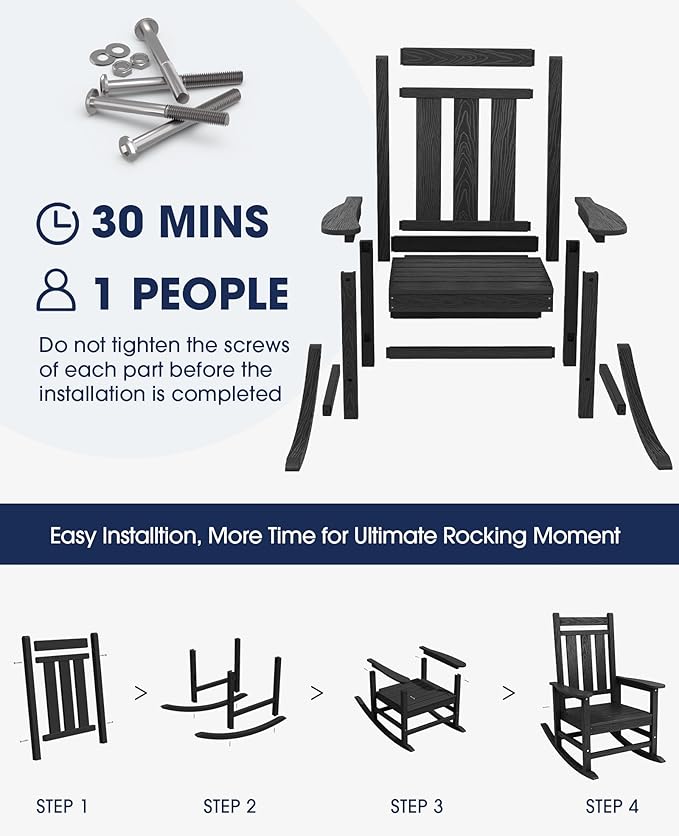 KINGYES Outdoor Rocking Chair, All-Weather Patio Rocking Chairs for Porch, HDPE Rocking Outdoor Chairs with High Back for Adult, Heavy Duty Outdoor Patio Rockers for Garden, Lawn, Black