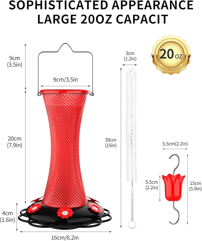 Hanging 20oz Glass Hummingbird Feeder with Moat, Small Outdoor Plastic Bird Feeder, Squirrel Proof, Ants, Outside Water Dispenser for Garden (Red Glass Bird Feeder-2)