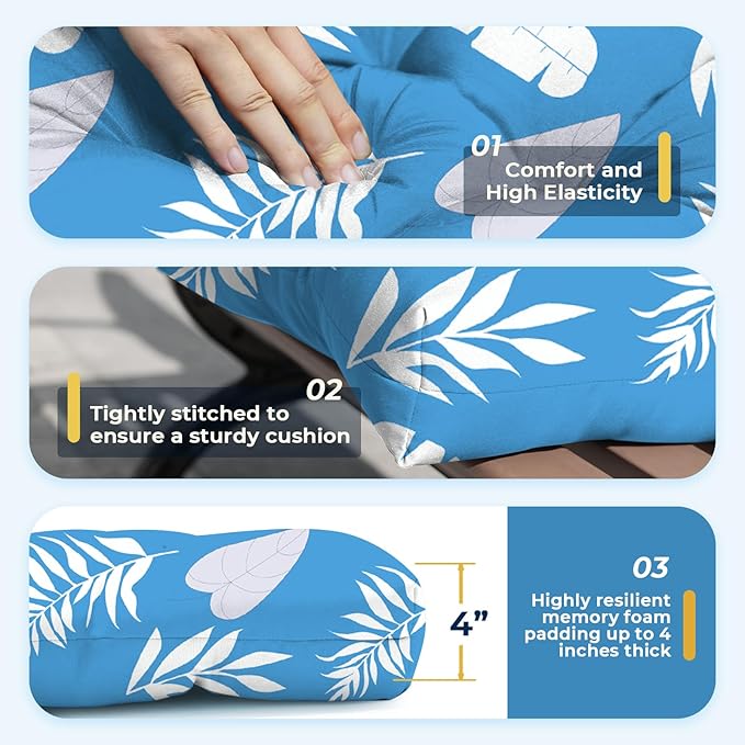 All Weather 3 Piece Wicker Furniture Chair Cushions, Waterproof Outdoor Wicker Chair Cushion for Patio Furniture Loveseat Settee Bench, 1 Loveseat and 2 U-Shaped Thickened Cushions, Blue Leaf