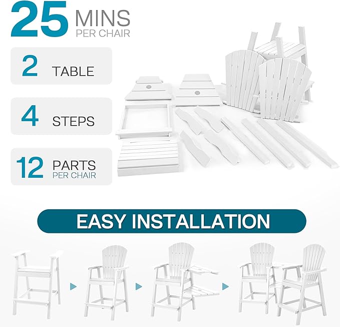 Tall Adirondack Chairs Set of 2, HDPE Balcony Chair with Double Connecting Tray, Weather Resistant Outdoor Adirondack Bar Stools for Patio, Deck, Patio, Backyard, Balcony.(White)