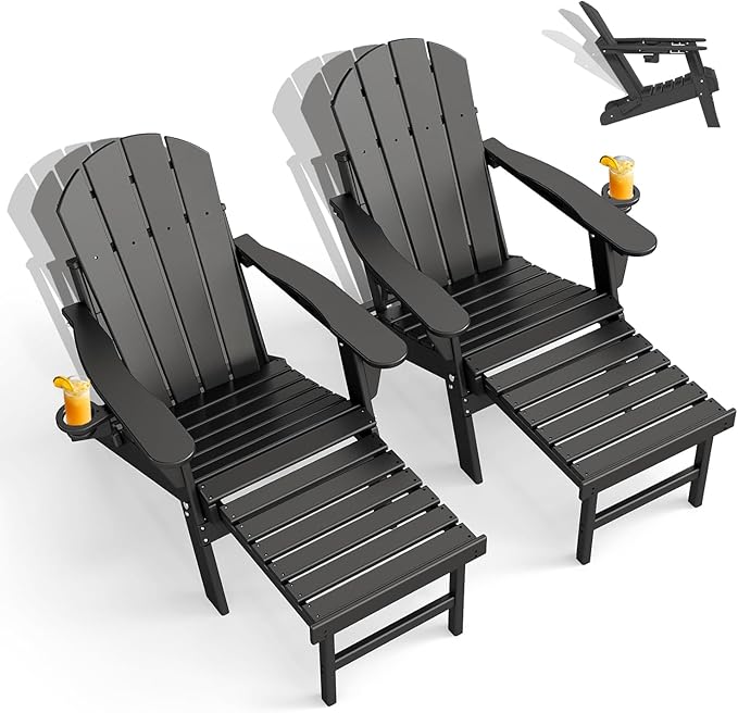 GREENVINES Adjustable Adirondack Chair with Retractable Ottoman Set of 2 | Folding | HDPE Plastic | Fire Pit Chairs w/Foot Rest | 2 Cup Holders | Black | for Outdoor Patio Poolside Deck