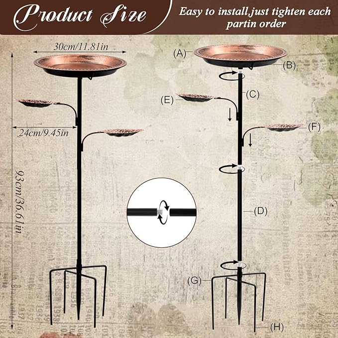 SPOKKI Metal Bird Bath for Outdoors,12 Inch Bath Bowl with 2 Bird Feeders,All Metal Rustproof Standing Birdbaths for Garden Yard Lawn Patio Outdoor Decor,Upgraded 5-Pronged Base (Antique Bronze)