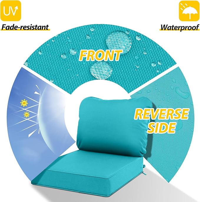AAAAAcessories Outdoor Seat Cushions for Chairs, Waterproof, Fade-Resistant Patio Furniture Replacement Cushions, 21" x 21" x 4" + 23" x 17", Turquoise Blue