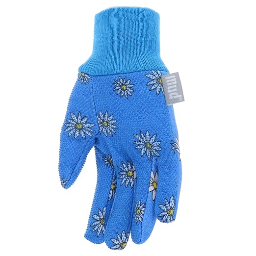 MUD Essential Women's PVC Dotted Palm And Daisy Printed Jersey Garden Glove, Extreme Comfort, Excellent Grip, Durable Wear, Blue, Medium/Large (M61001B-WML)