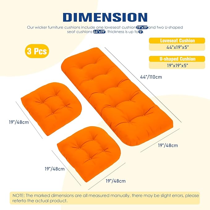 Patio Furniture Cushions Outdoor, Waterproof Wicker Chair Cushions Set of 3, 1 Loveseat & 2 Seat Pads, Thick Outdoor Replacement Cushions for Porch Lawn Bench Couch Sofa Swing, Orange