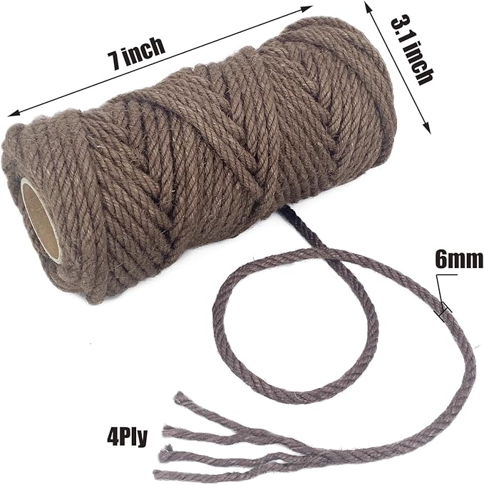 Leecogo 6mm Jute Rope 100 Feet Natural Craft Rope Twine String Perfect for Home Gardening Macrame Arts Crafts DIY Cat Scratching Post Replacement Repairing Recovering Cats Toy Making,Dark Brown