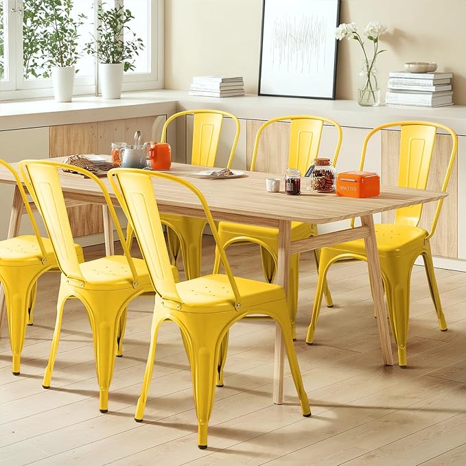 Furmax Metal Dining Chair Indoor Outdoor Use Stackable Classic Trattoria Chair Chic Dining Bistro Cafe Side Metal Chairs Set of 4 (Yellow)