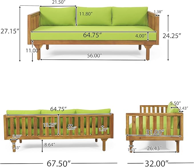 LUMISOL Outdoor Acacia Wood Daybed, Patio 3-Seater Sofa with Water-Resistant Cushions, Patio Conversation Set Outdoor Daybed with Wooden Armrests for Backyard, Deck, Poolside, Teak Green