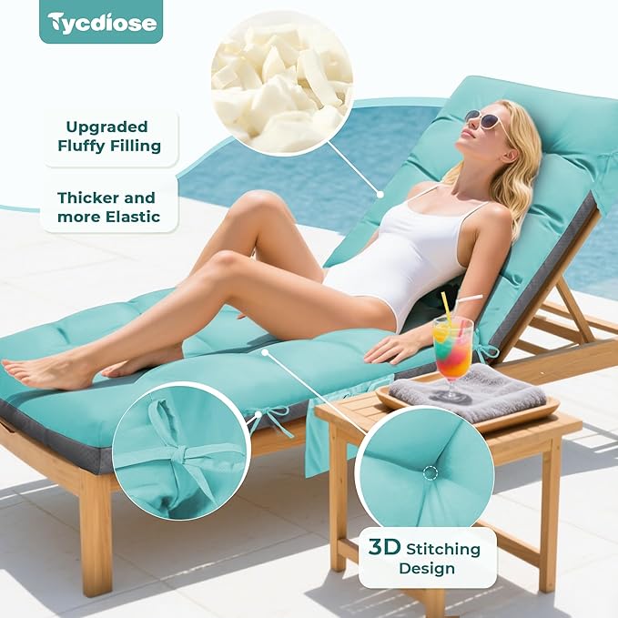 Outdoor Lounge Chair Cushion, Waterproof Replacement Chaise Lounge Cushions for Outdoor Furniture Thickened 71 x 22 x 4.7 Inches Non-Slip Patio Pool Lounge Chair Cushions with Ties (Teal)