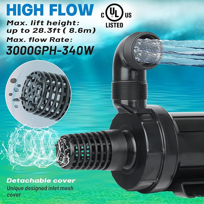 OYO WATER 3000GPH Pond Pumps Submersible Outdoor Inline Pump Pond High Head Water Pump for Garden Waterfall Fountain Water Circulation Pump for Koi Fish Pond