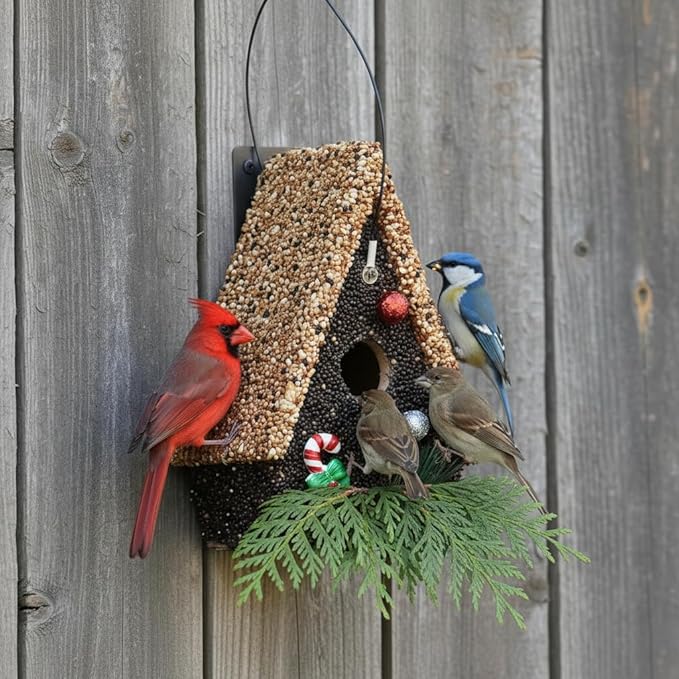 Seeded Birdhouse, Birdseeded Bird House, Wood Wren Bird Houses Covered with Wild Birdfood,Bird Feeders for Outside Hanging, A Frame Birdhouses