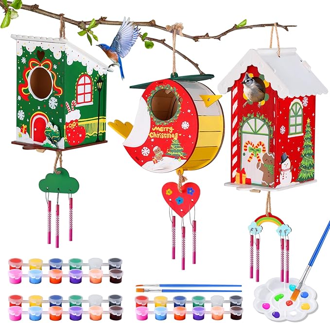 3 Pack Bird Houses Kits for Kids, Wooden Painting Arts and Crafts for Kids Ages 8-12, Build & Paint Your Own Bird Houses and Wind Chime Kits, Toddlers for Girls Boys