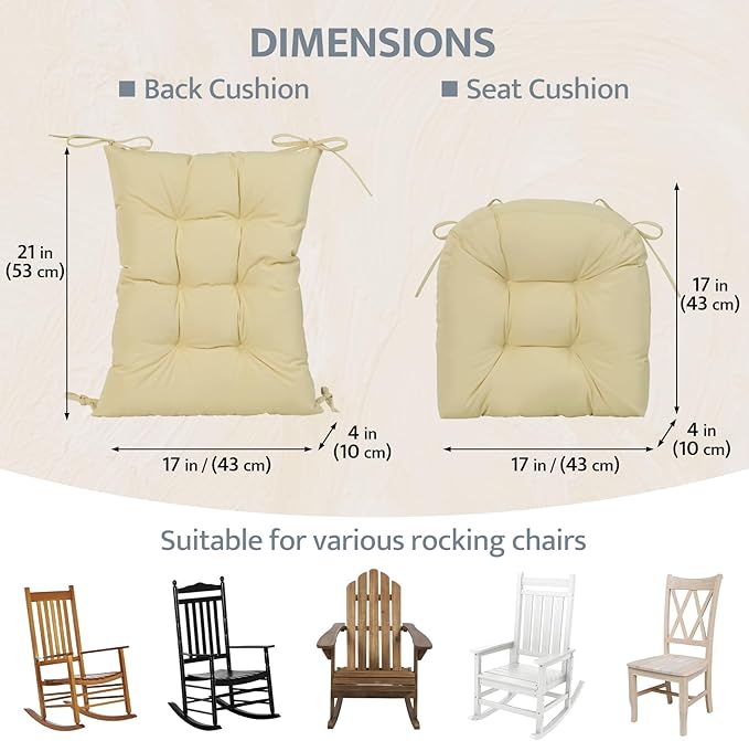 mudilun Rocking Chair Cushion Non-Slip Tufted Indoor/Outdoor Rocking Chair Cushions 80% Water Proof with Straps for Living Room Baby Room Garden High Back Rocking Chair Pads (Beige)