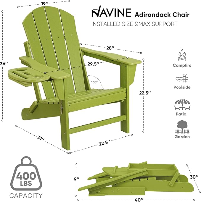Adirondack Chair, HDPE Folding Adirondack Chair with Multifunctional Cup Holder, Weather Resistant Fire Pit Chair for porches, patios, patios, poolsides, Decks.