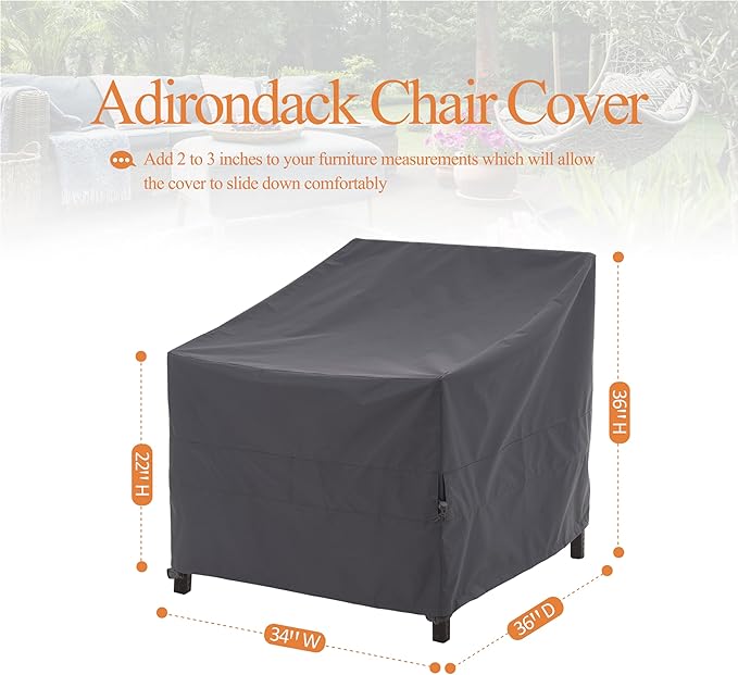 WJ-X3 Grey Patio Chair Covers, Heavy Duty Waterproof Outdoor Adirondack Covers, Tolix Chairs, 34" W x 36" D x 36" H, 2 Pack