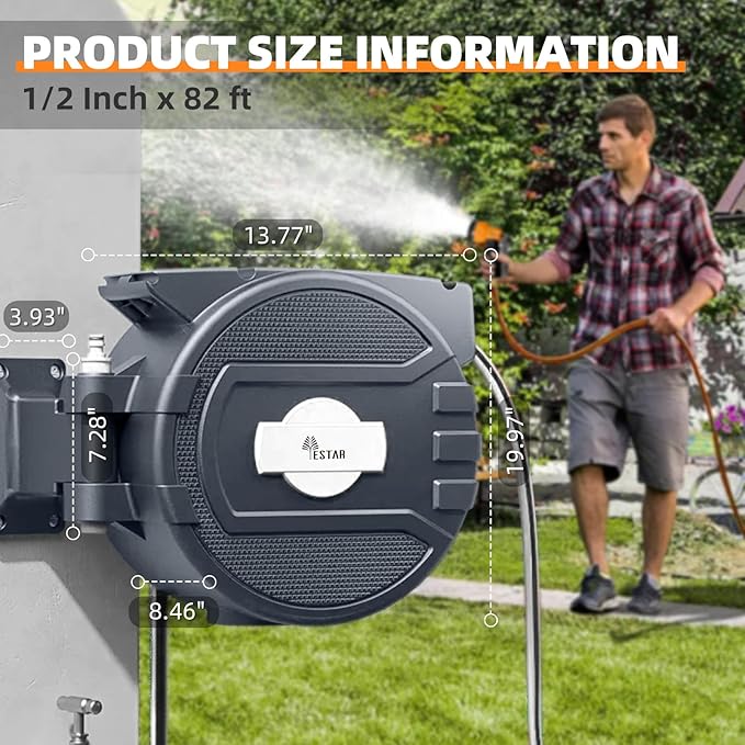Retractable Garden Hose Reel 1/2 in x65 ft, Garden Water Hose Reel with 10- Function Sprayer Nozzle, Any Length Lock/Automatic Slow Return System,180° Swivel Bracket